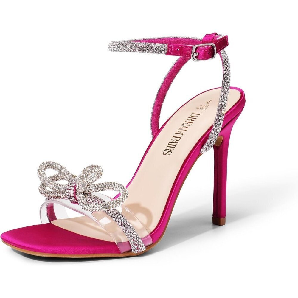 🆕 Women Pink Double Bowknots Crystal Sandals Clear Slingback Square Toe Heels